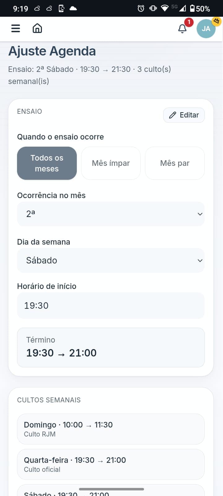 Agenda da comum com ensaios e cultos semanais