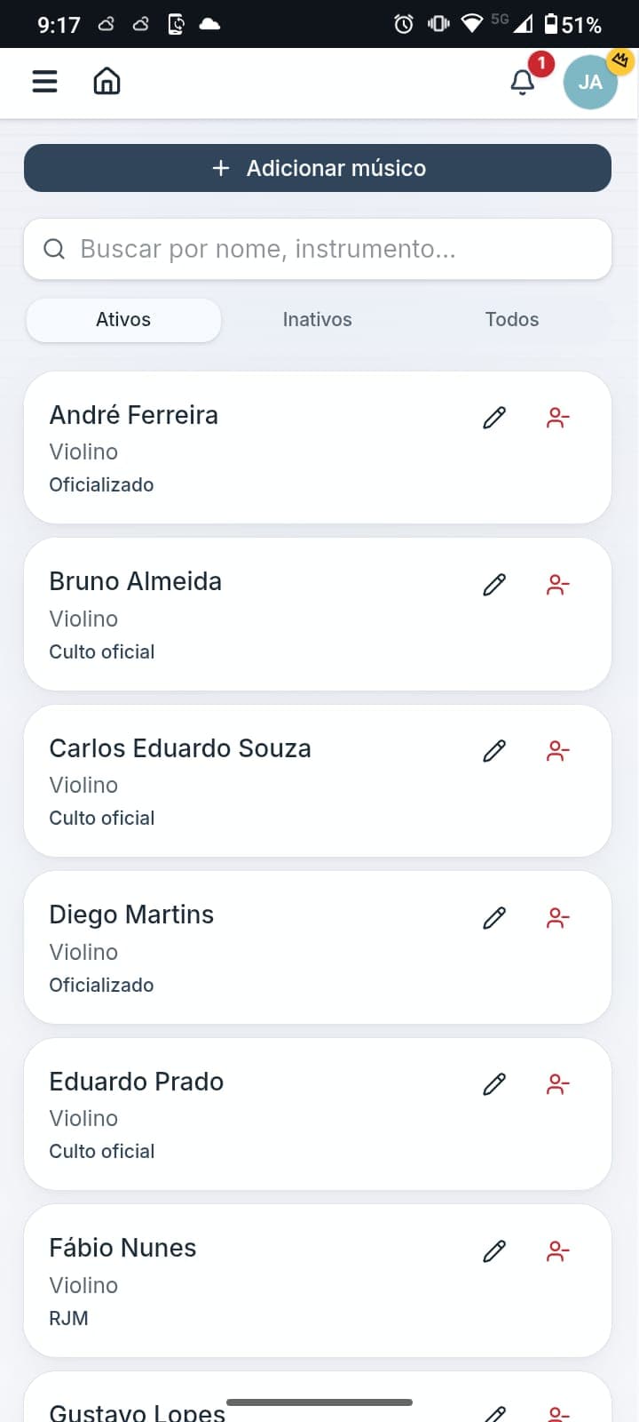 Cadastro dos músicos da comum
