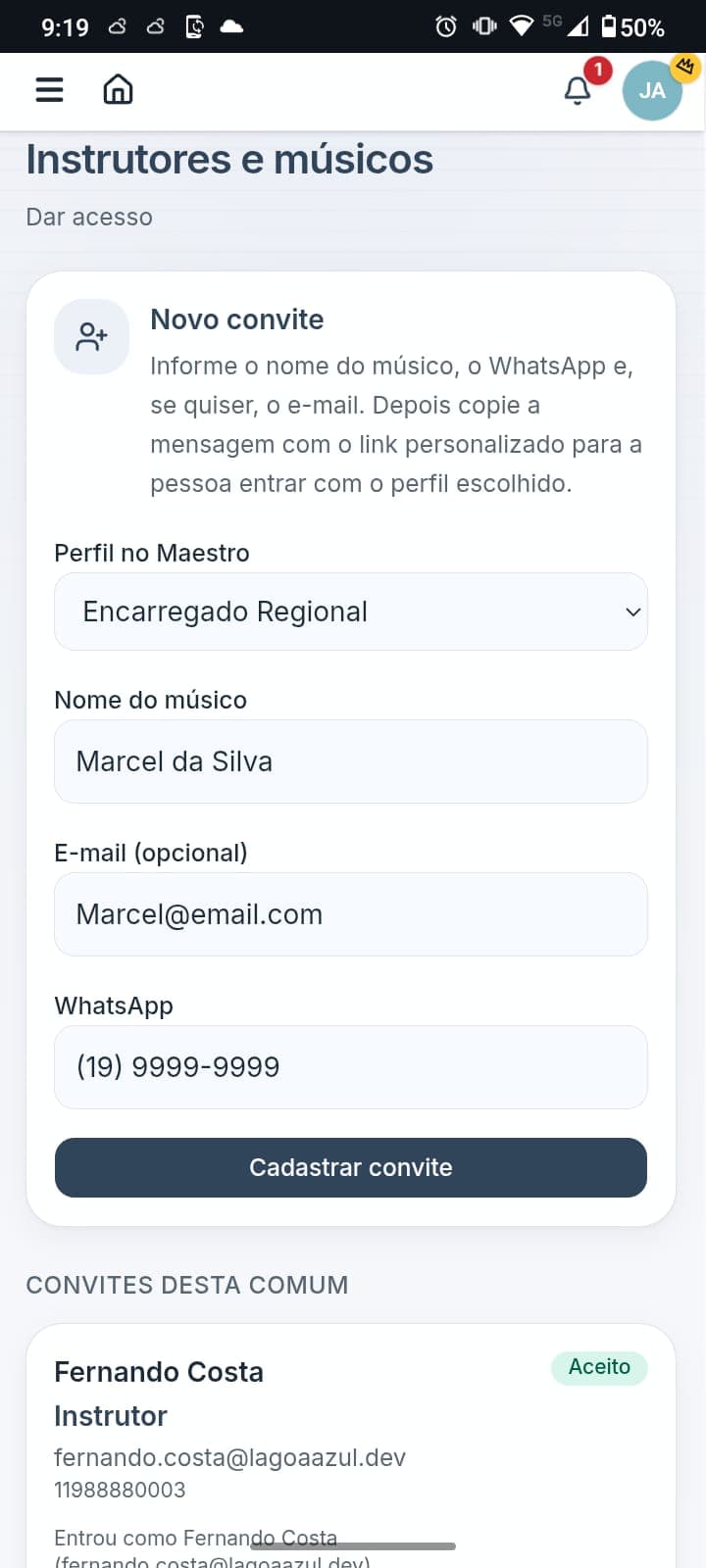 Convites para instrutores, encarregados e regionais