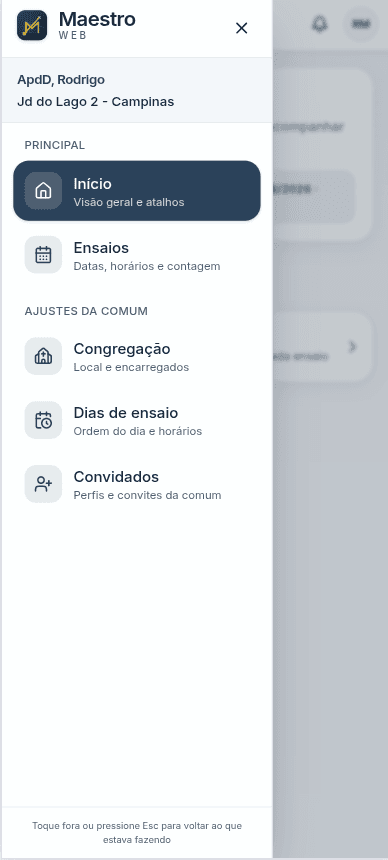 Menu lateral do Maestro Web