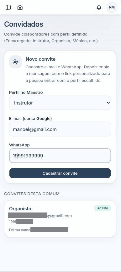 Convites de colaboradores para a comum