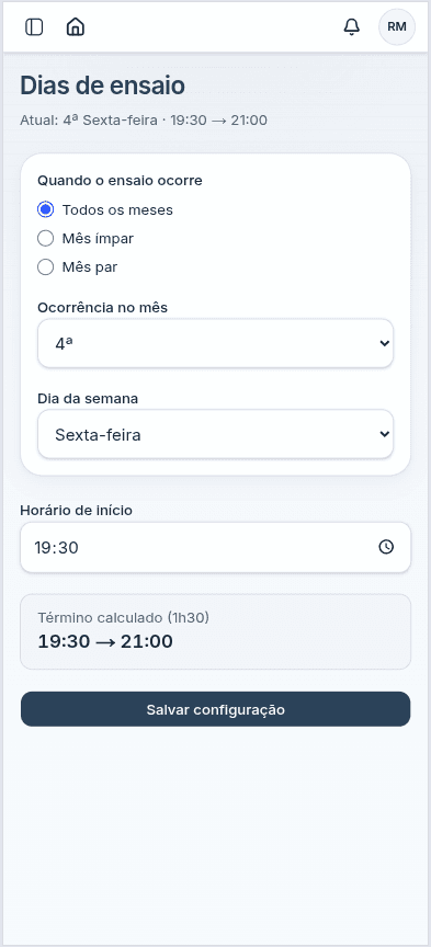 Configuração de horários de ensaio